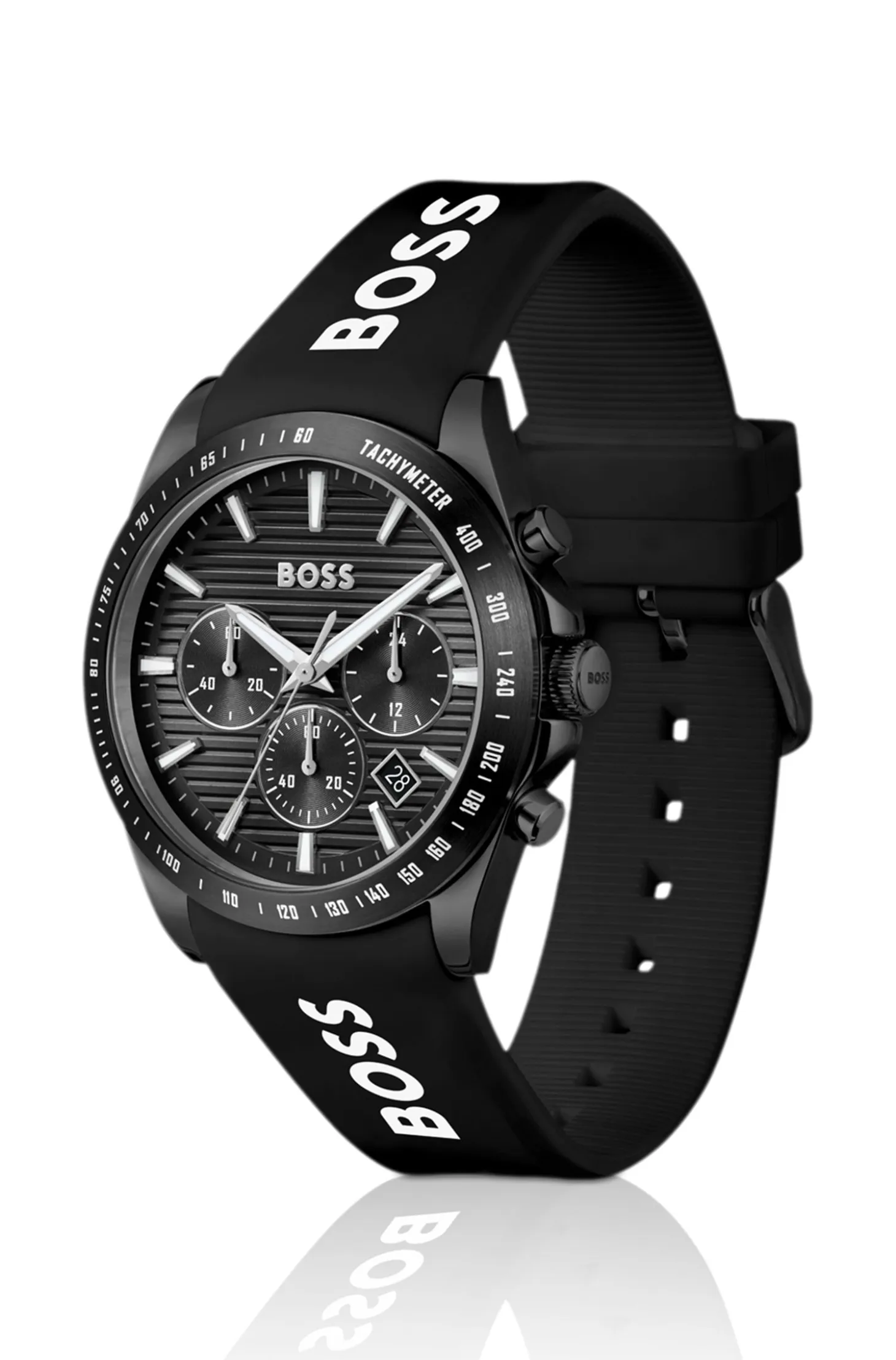 Strike Black-dial chronograph watch with silicone logo strap