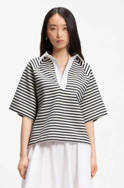 Striped cotton-blend sweatshirt with Johnny collar