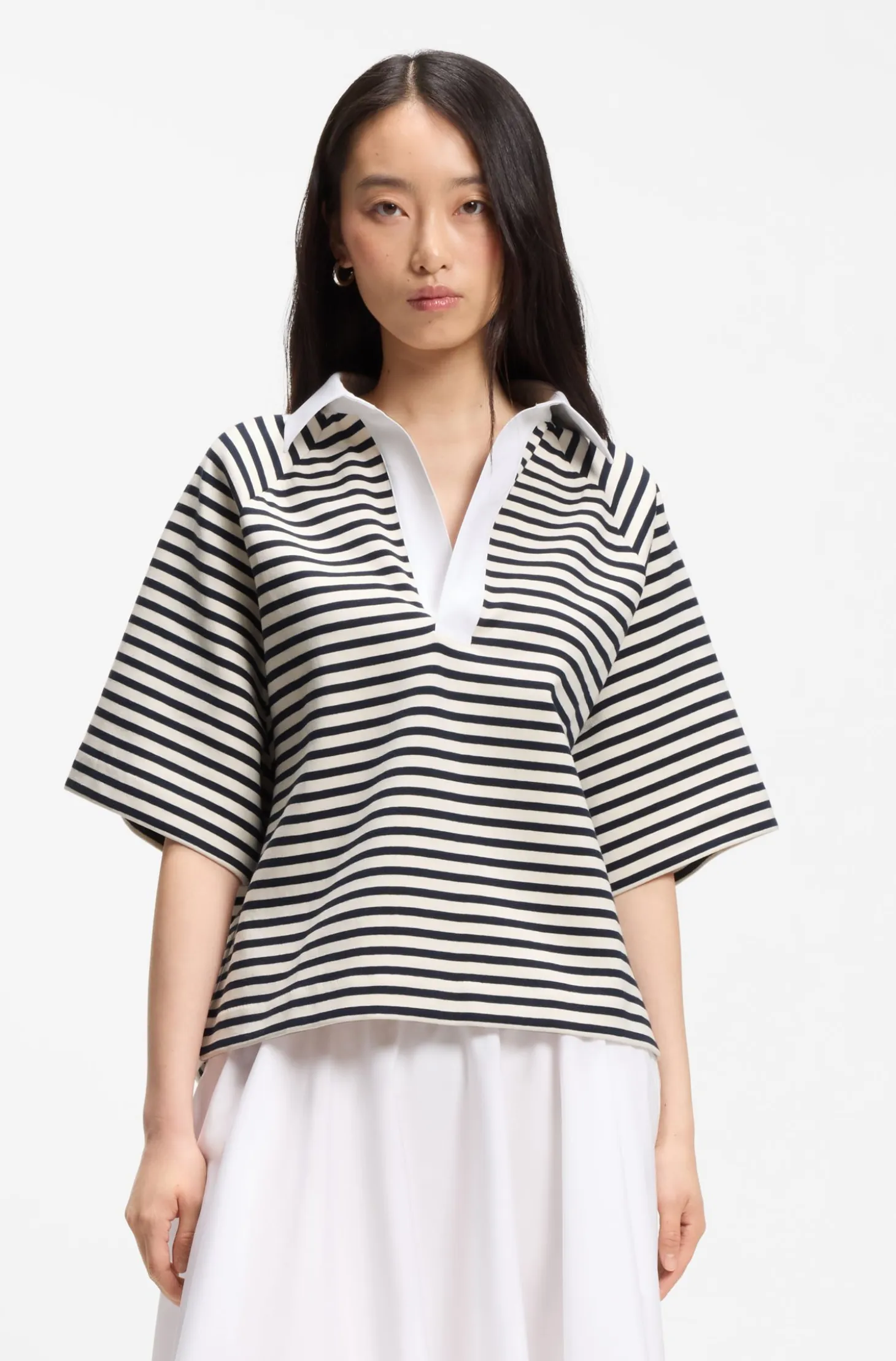 Striped cotton-blend sweatshirt with Johnny collar