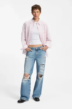 Striped-cotton oversized-fit blouse with Happy HUGO logo