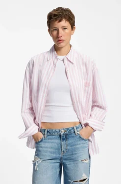 Striped-cotton oversized-fit blouse with Happy HUGO logo