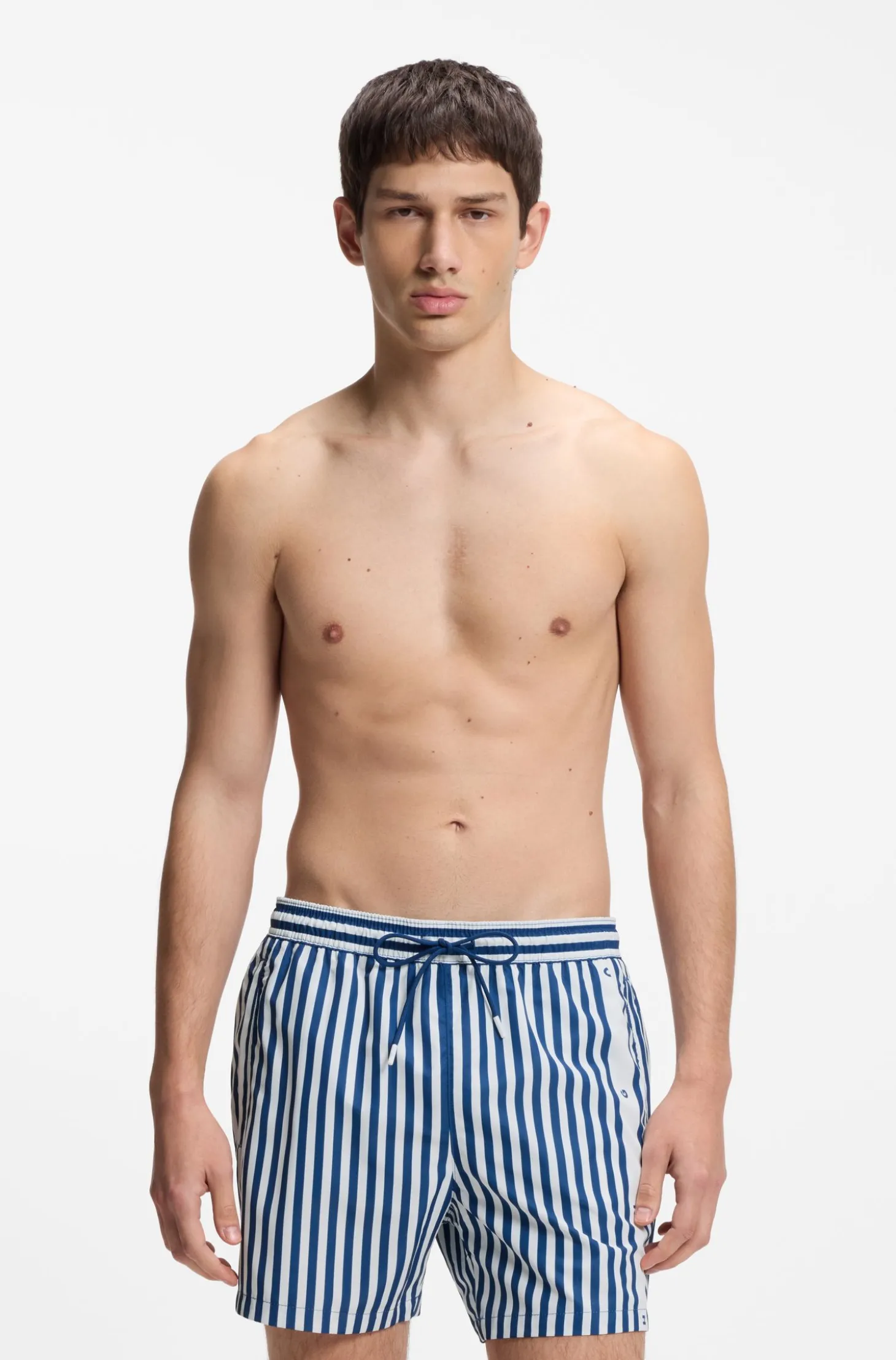 Striped swim shorts with vertical logo