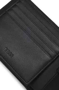 Structured trifold wallet with polished logo lettering