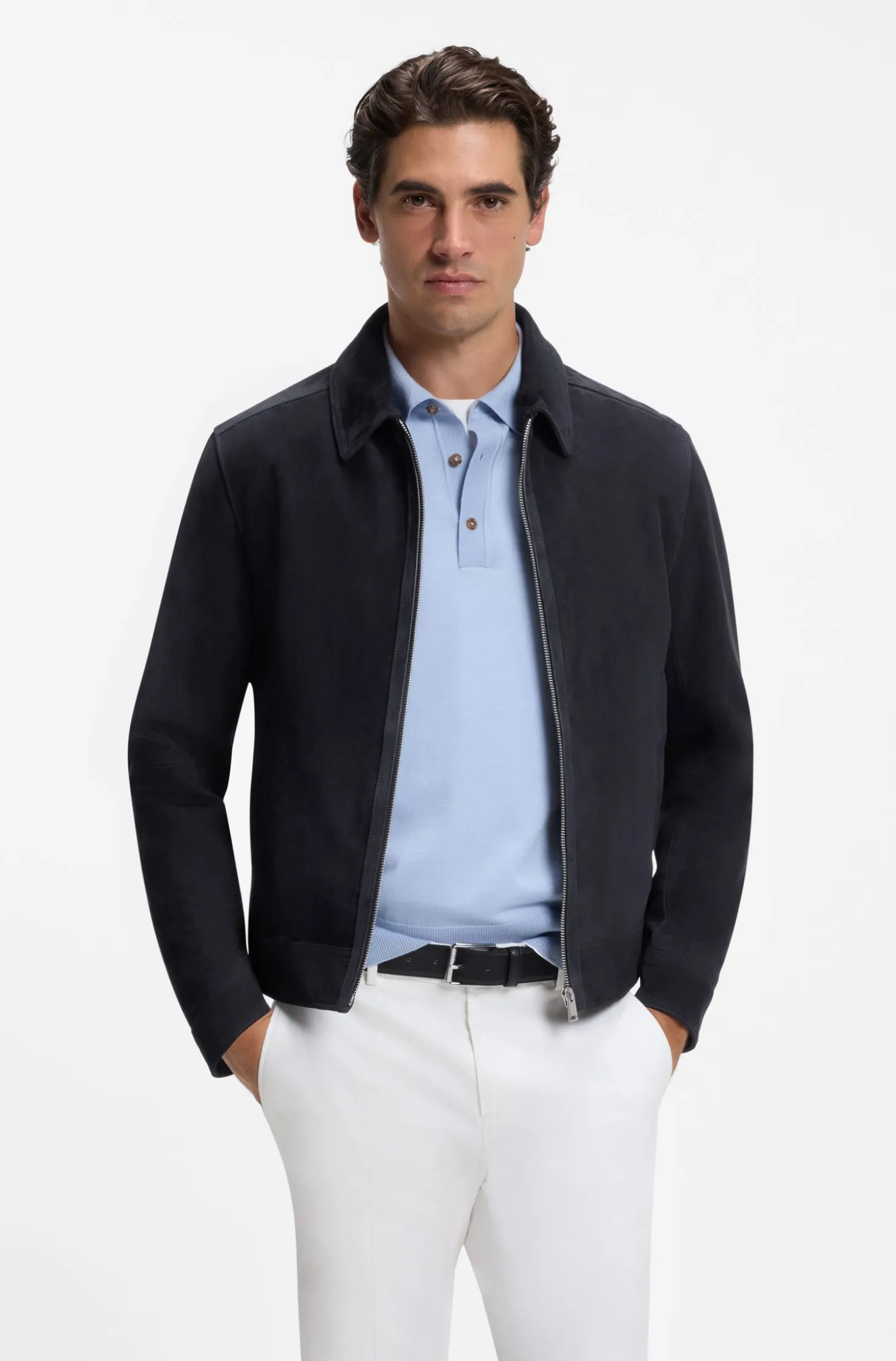 Suede leather jacket with zip closure