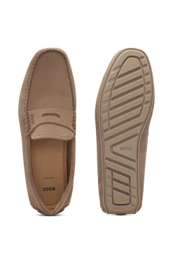 Suede moccasins with penny trim