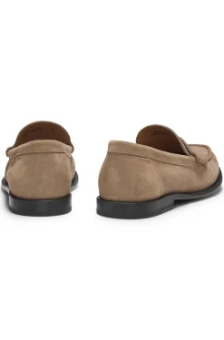 Suede moccasins with penny trim and embossed logo