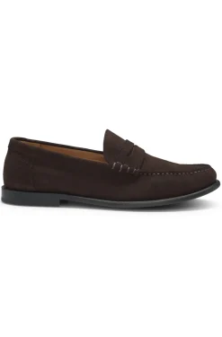 Suede moccasins with penny trim and embossed logo