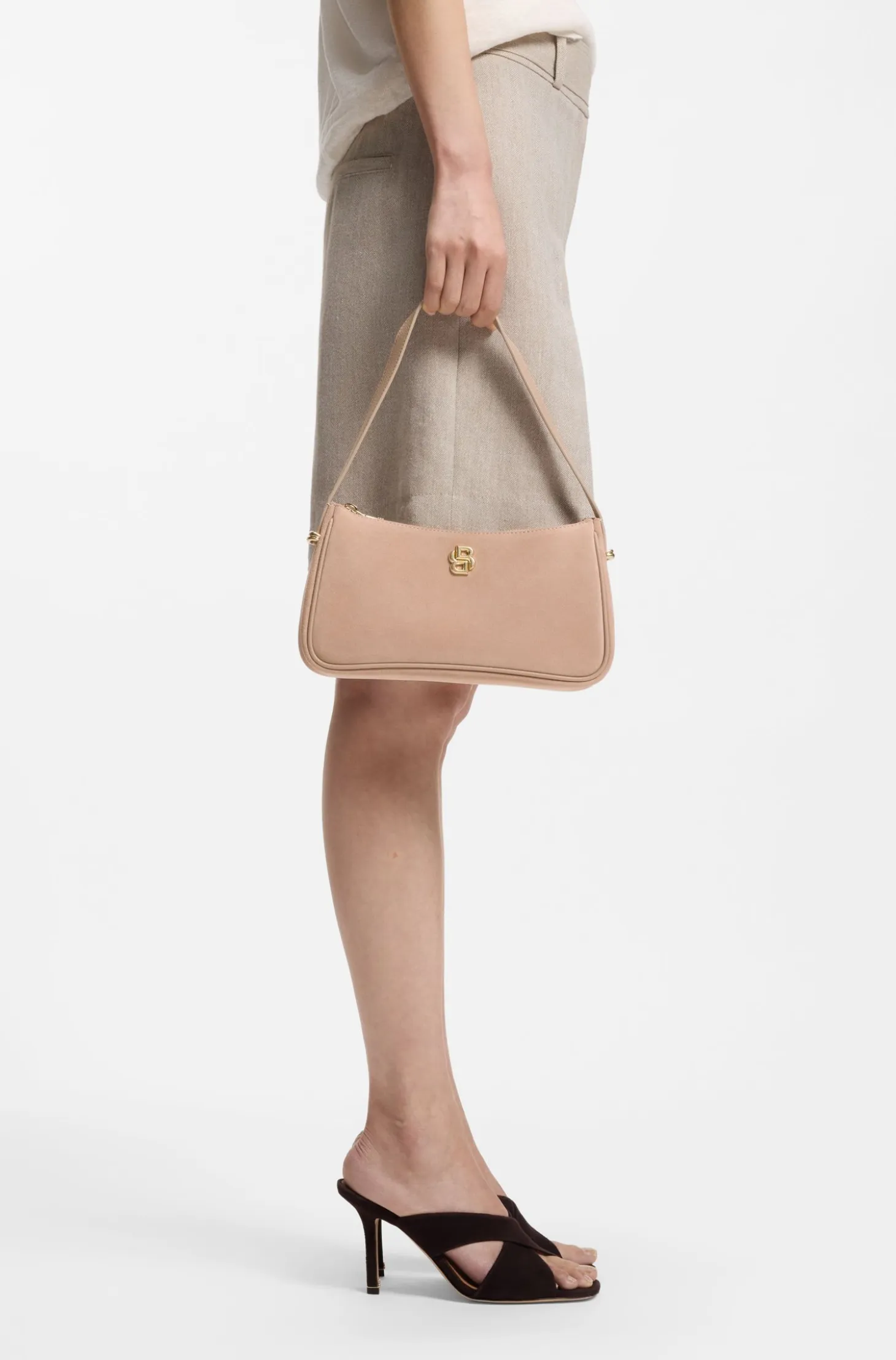 Suede shoulder bag with metallic Double B monogram