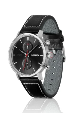 #Takeoff black-dial watch with stitched leather strap