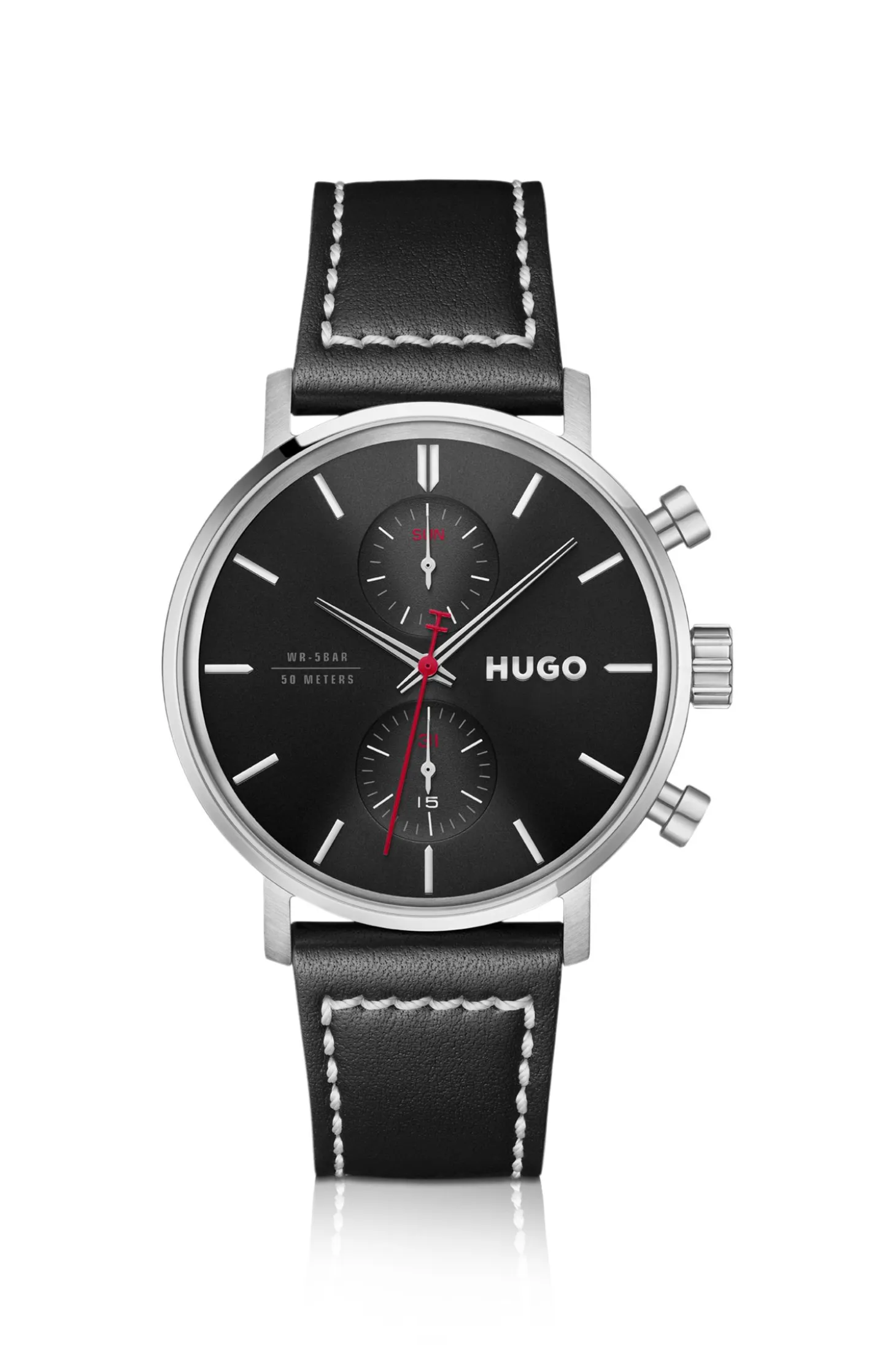 #Takeoff black-dial watch with stitched leather strap