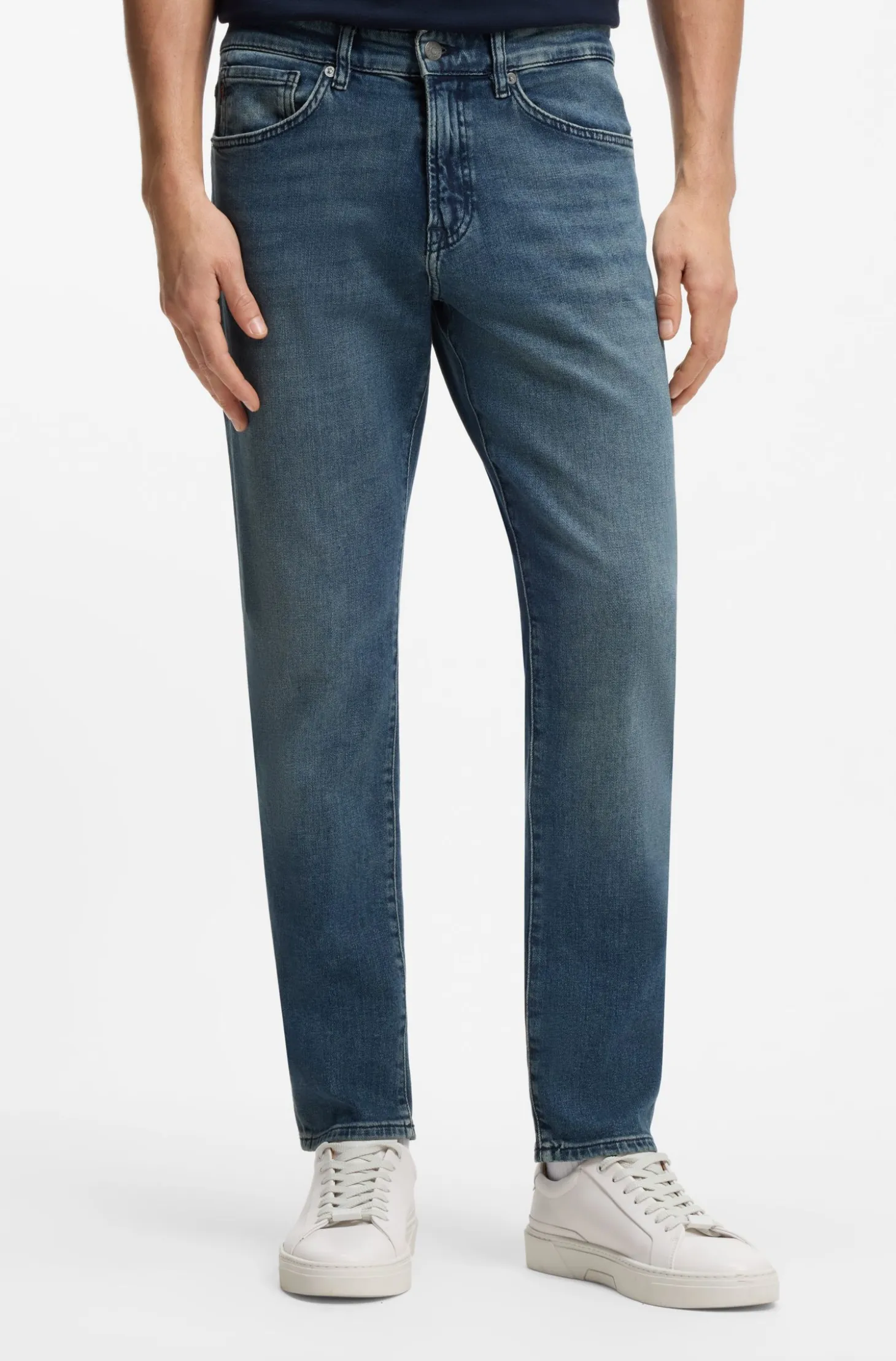 Tapered-fit jeans in washed-blue stretch denim