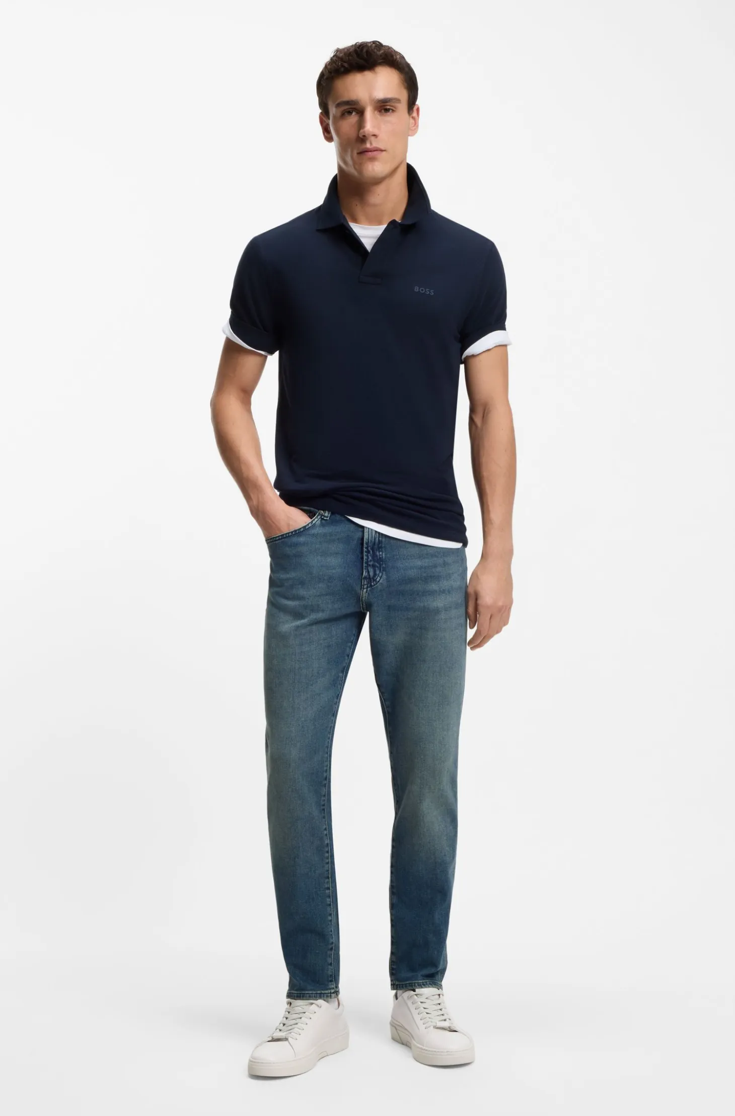 Tapered-fit jeans in washed-blue stretch denim