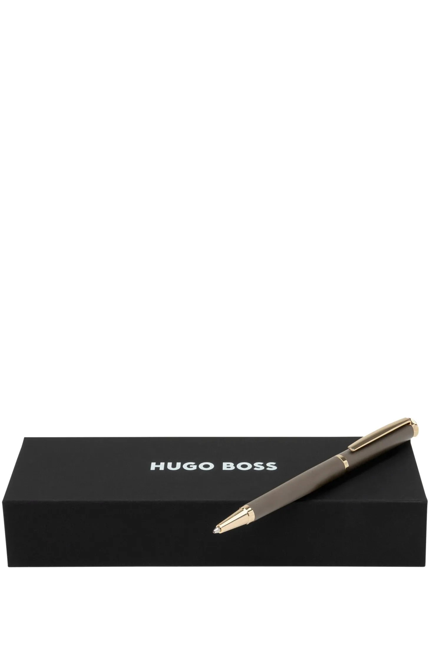 Taupe ballpoint pen with gold-tone accents