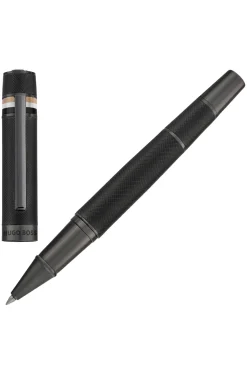 Textured-barrel ballpoint pen with signature-stripe ring