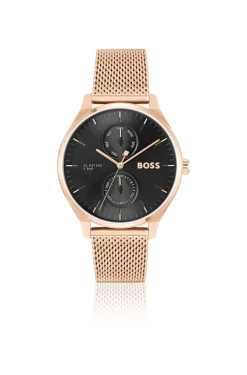 THREEHAND Black-dial watch with carnation-gold-tone mesh bracelet