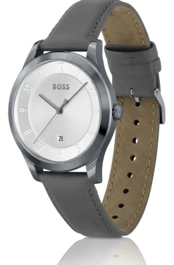THREEHAND Grey-plated watch with leather strap