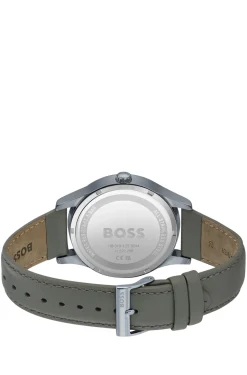 THREEHAND Grey-plated watch with leather strap