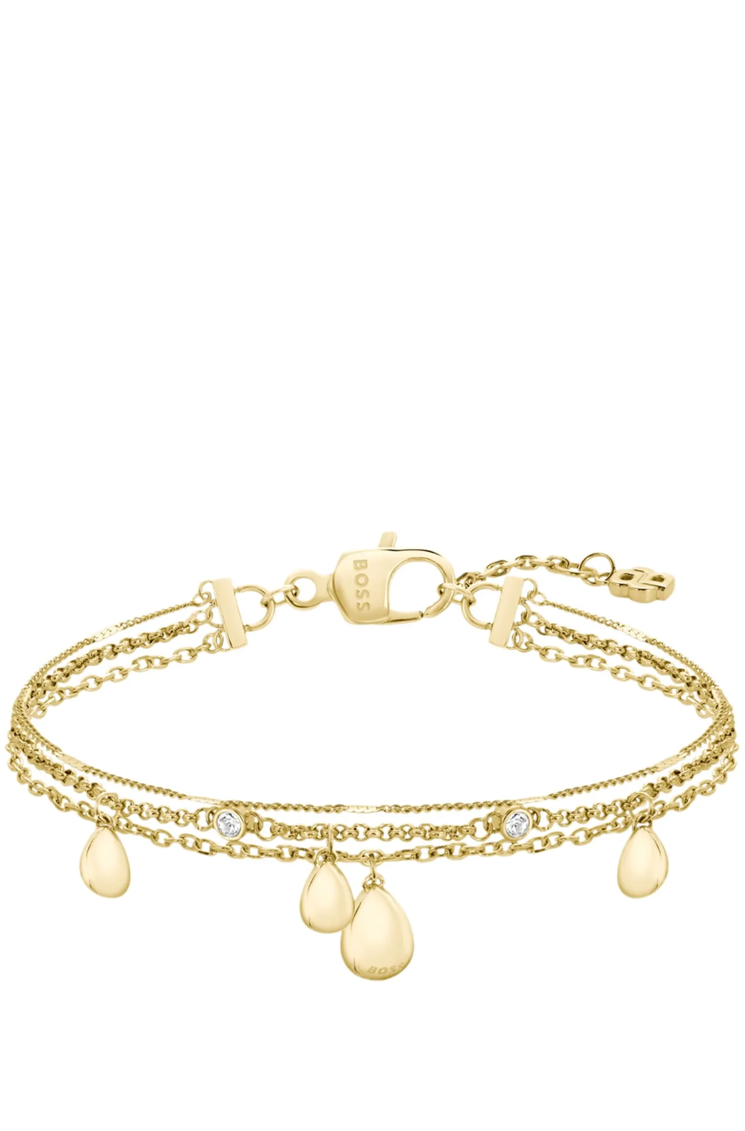 Three-layer gold-tone bracelet with droplet charms