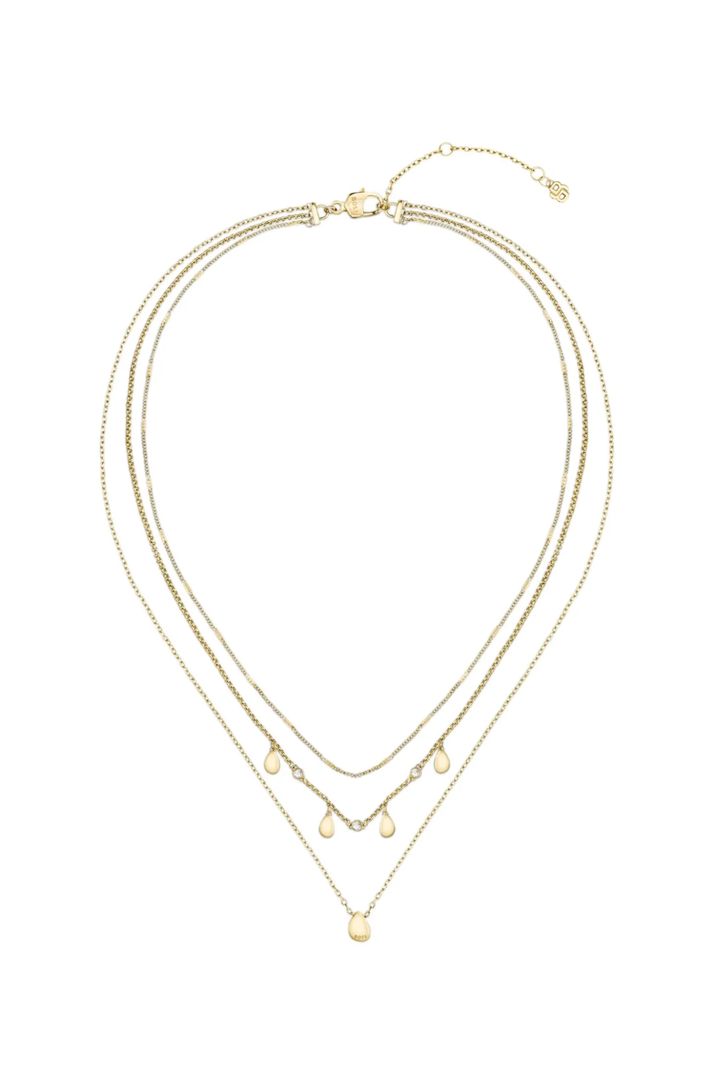 Three-layer gold-tone necklace with droplet charms