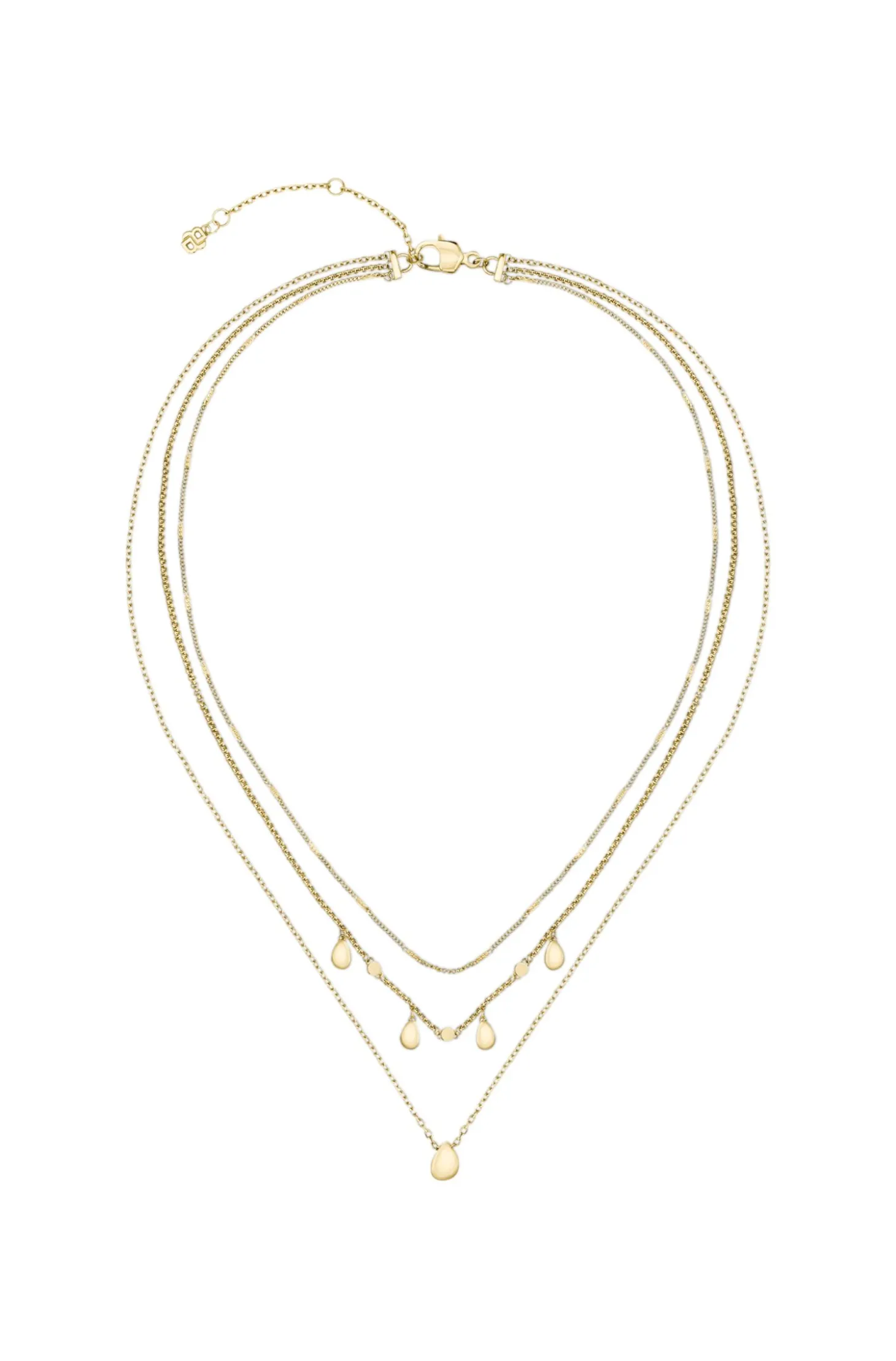 Three-layer gold-tone necklace with droplet charms