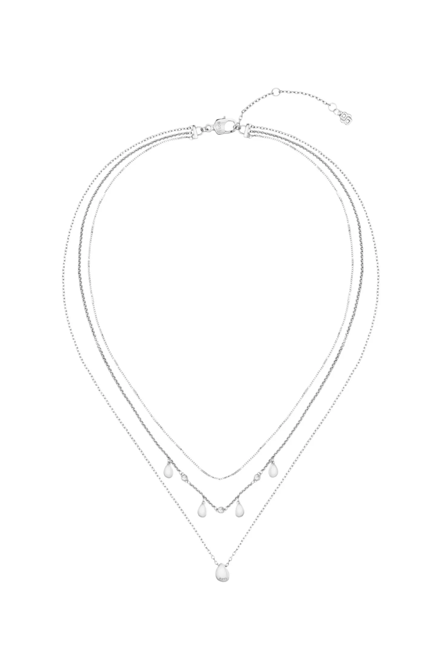 Three-layer silver-tone necklace with droplet charms