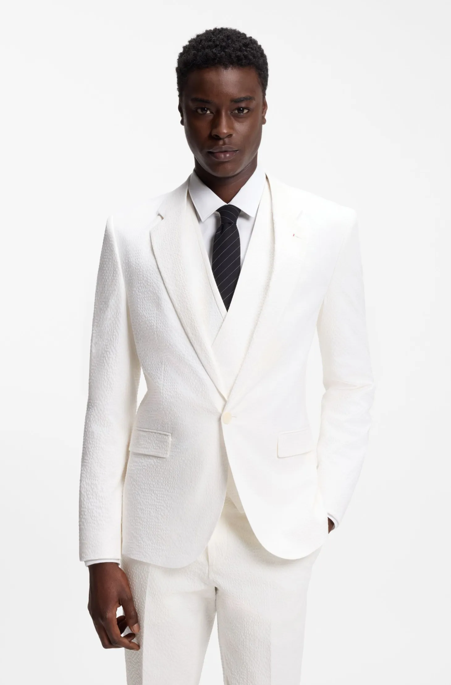 Three-piece extra-slim-fit suit in stretch-cotton seersucker