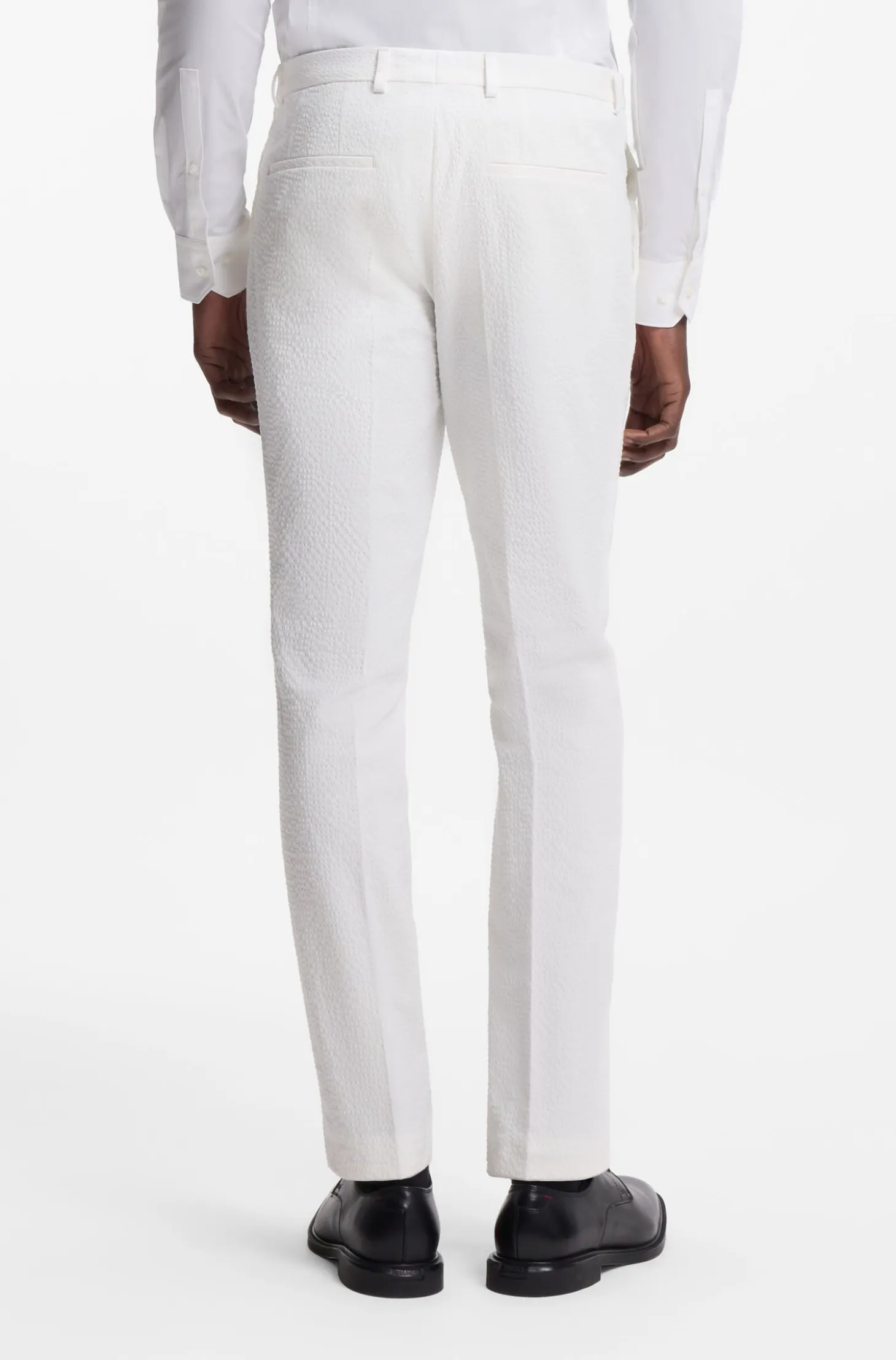 Three-piece extra-slim-fit suit in stretch-cotton seersucker