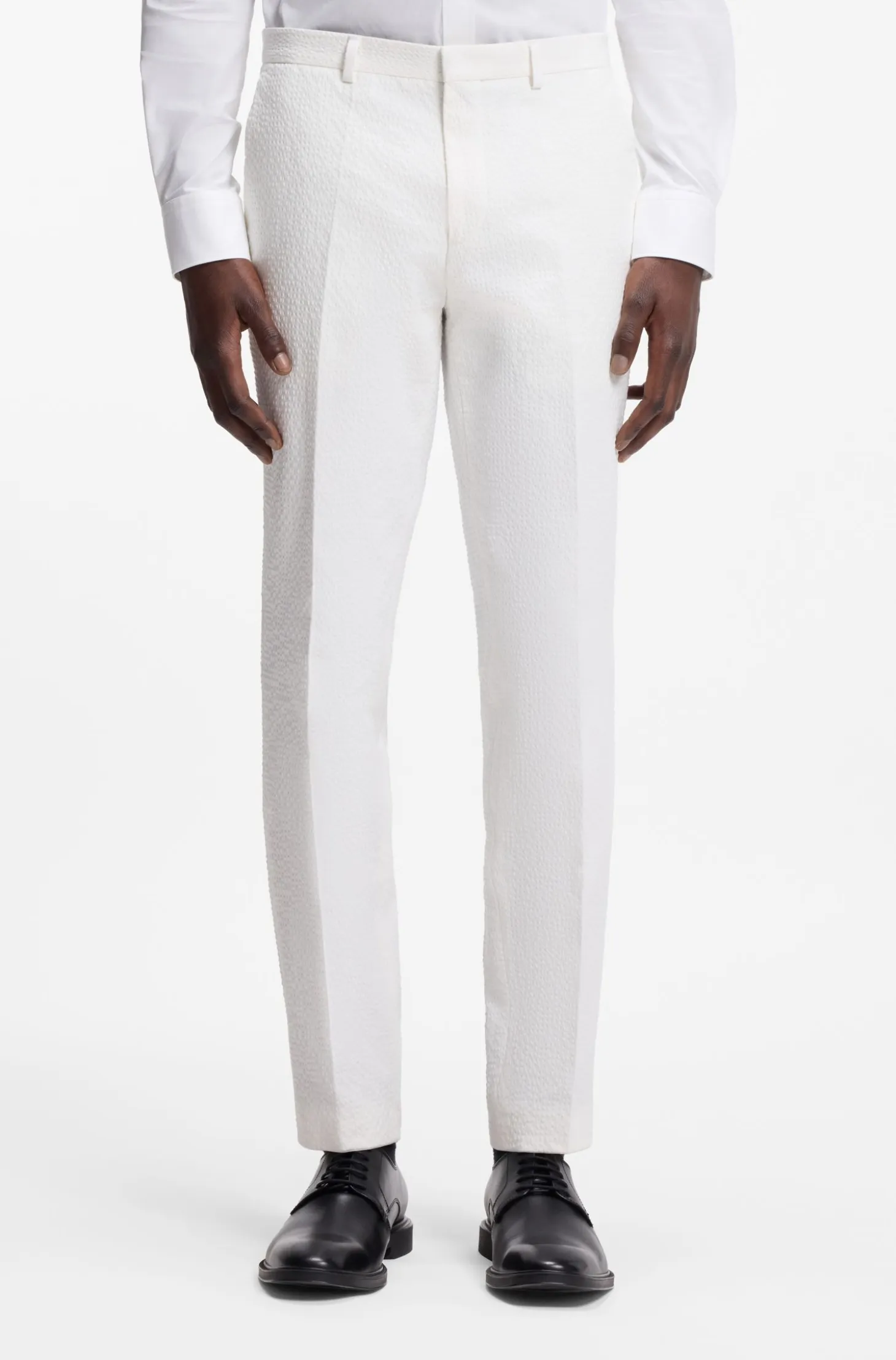 Three-piece extra-slim-fit suit in stretch-cotton seersucker