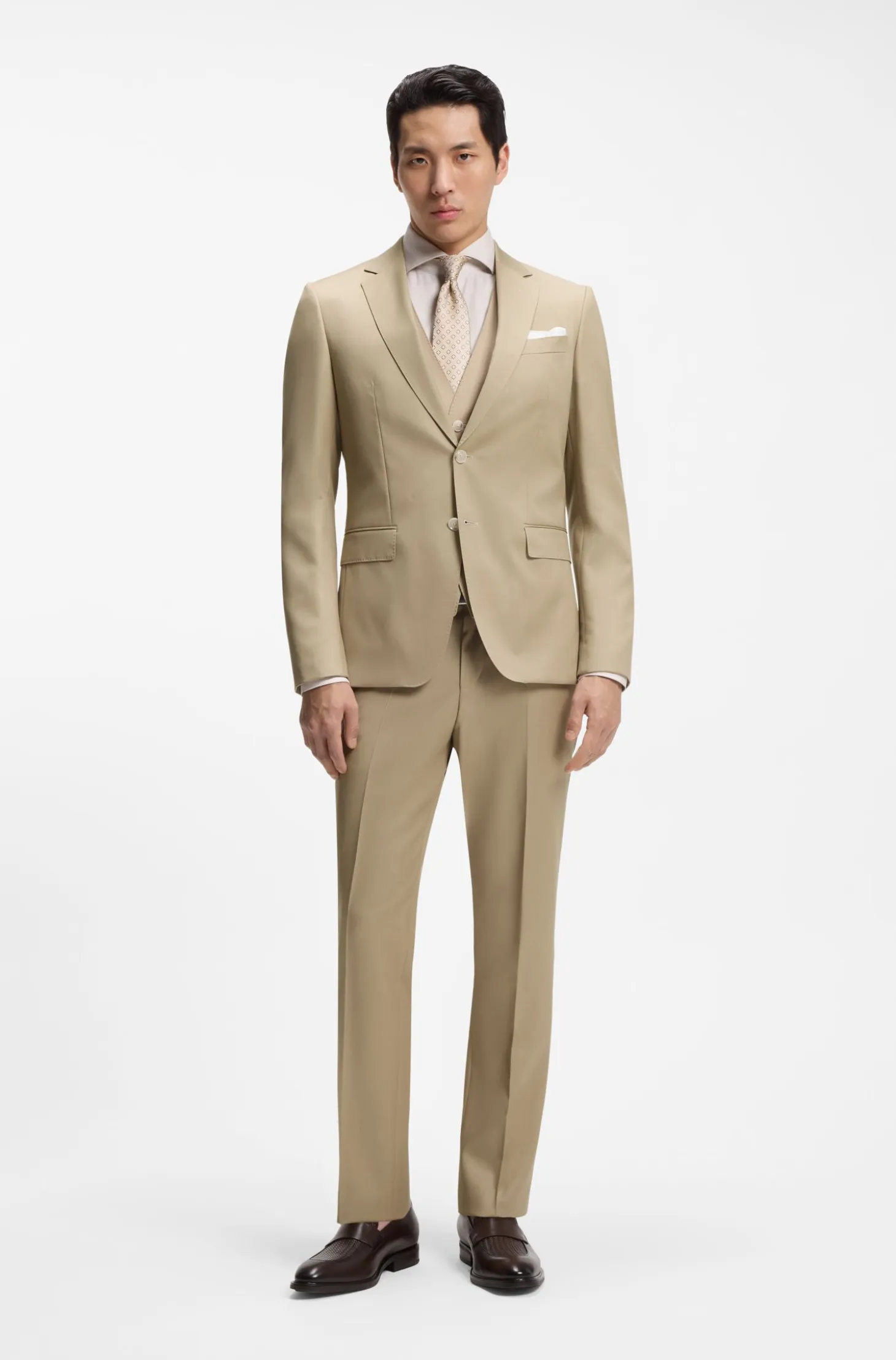 Three-piece slim-fit suit in virgin-wool serge