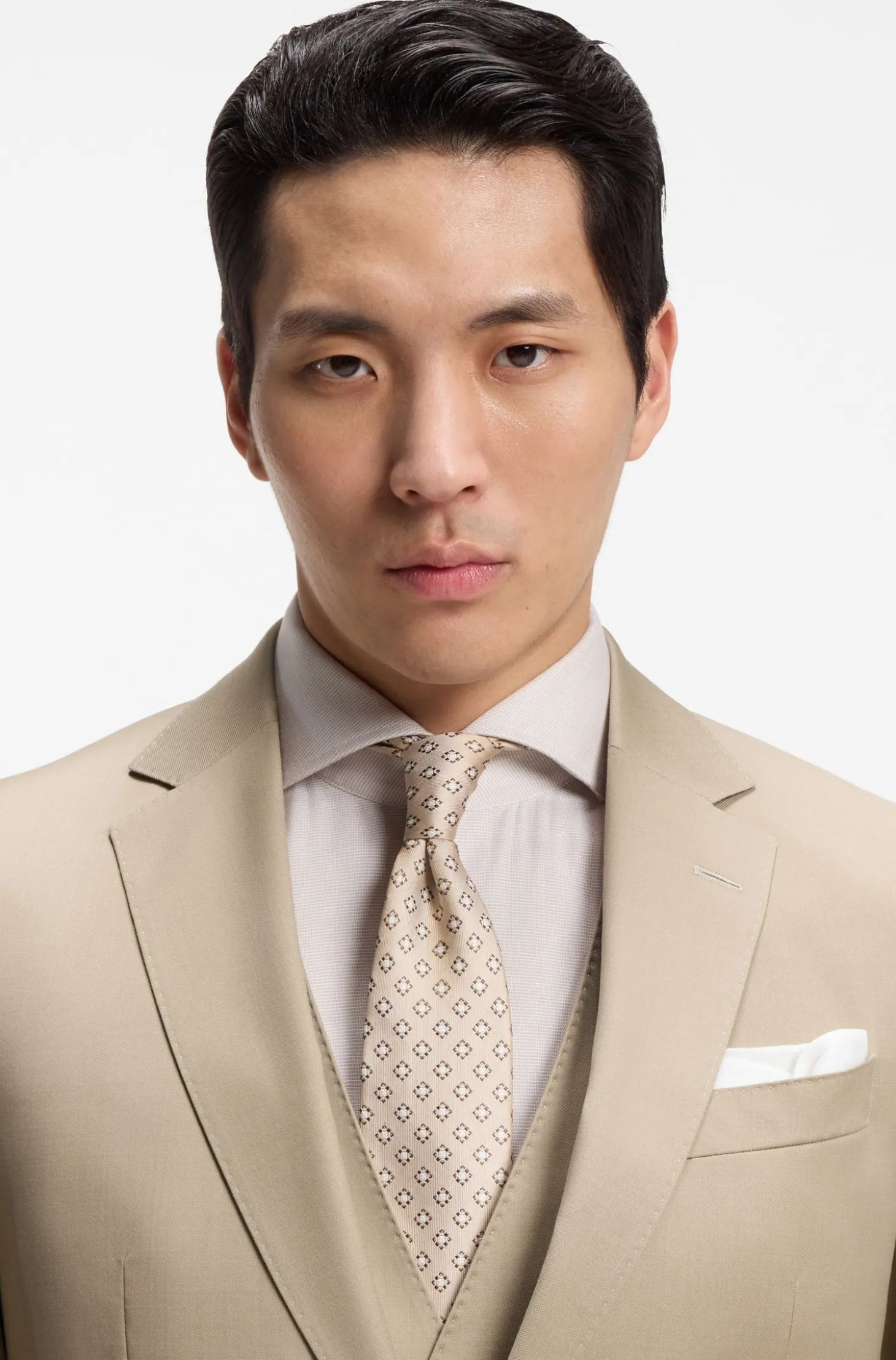 Three-piece slim-fit suit in virgin-wool serge