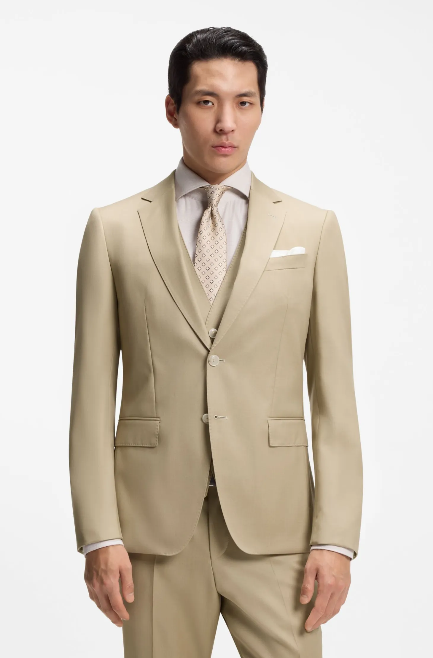 Three-piece slim-fit suit in virgin-wool serge