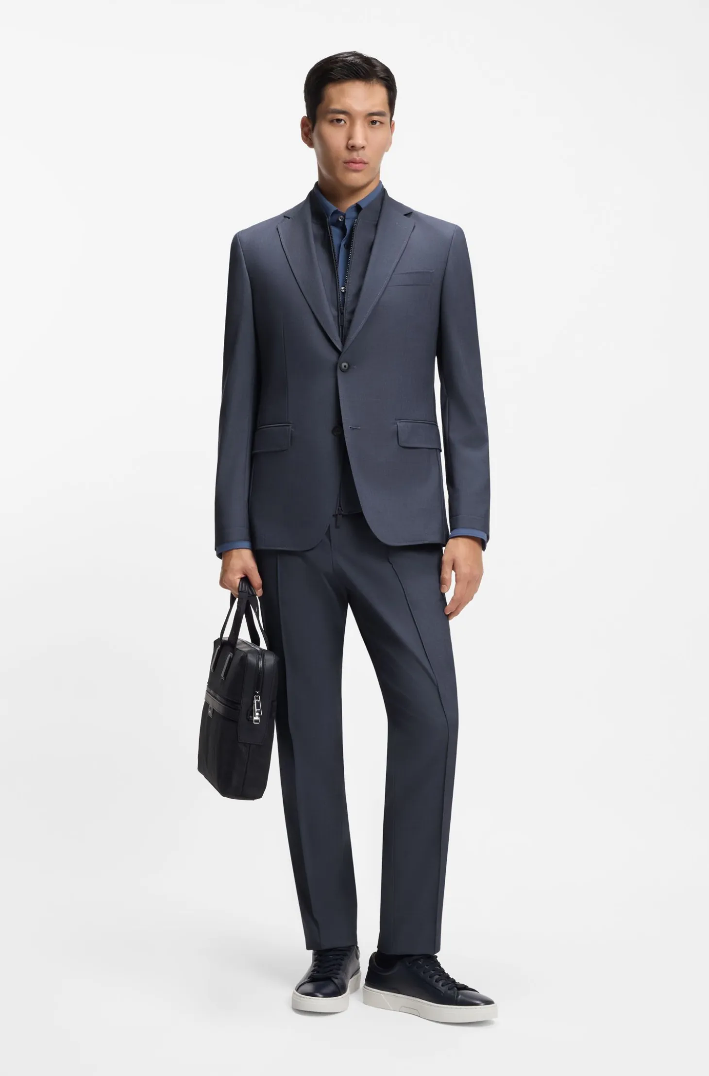 Three-piece slim-fit suit with zip-up waistcoat