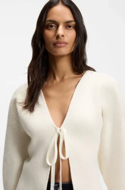 Tie-front rib-knit cardigan with balloon sleeves