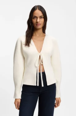 Tie-front rib-knit cardigan with balloon sleeves