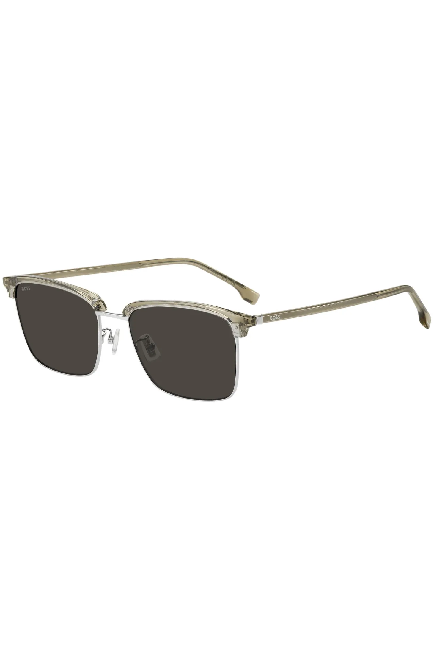 Titanium-temple sunglasses with lasered-engraved logos