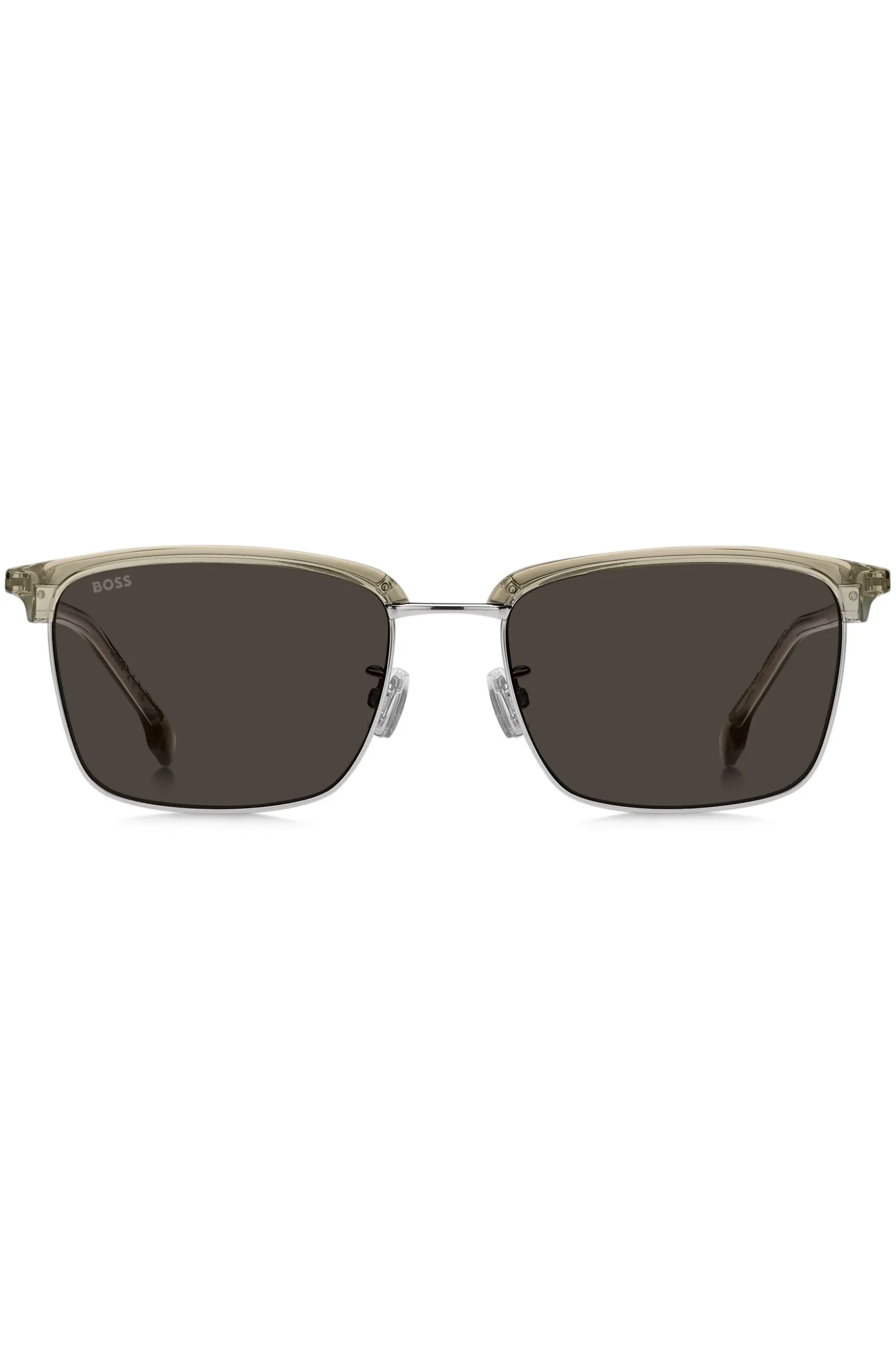 Titanium-temple sunglasses with lasered-engraved logos