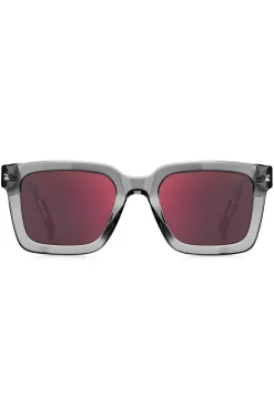Transparent-acetate sunglasses with red lenses