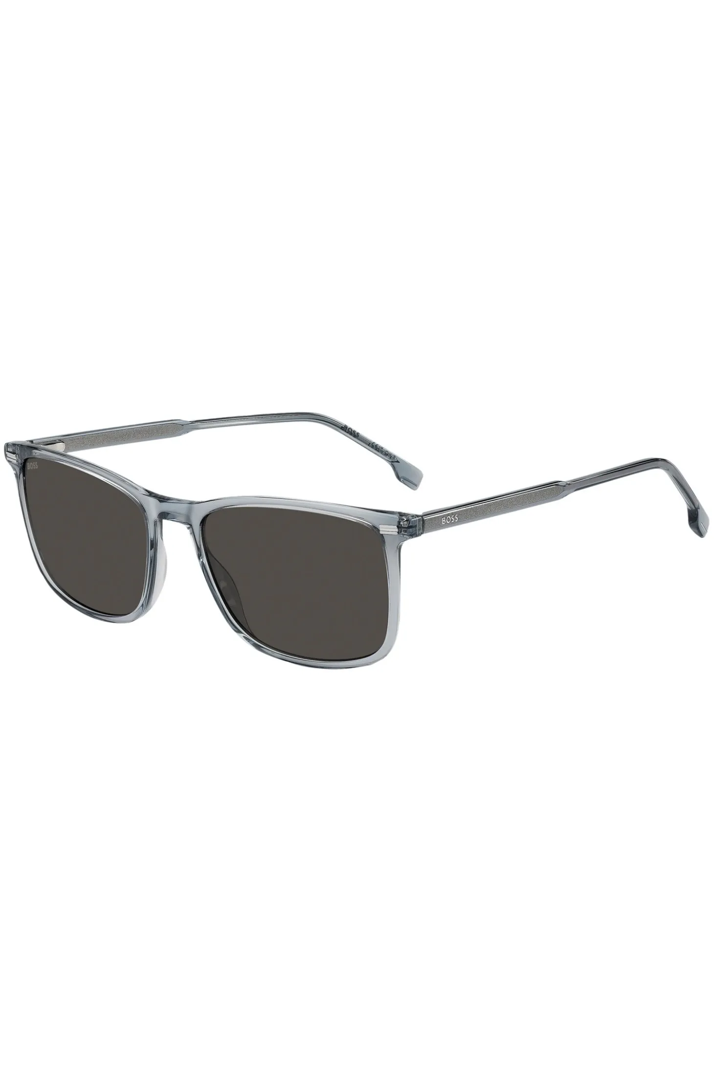 Transparent-blue sunglasses with temple logo