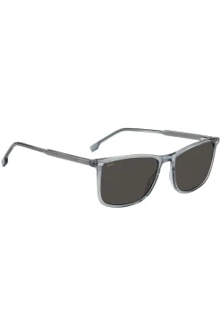 Transparent-blue sunglasses with temple logo