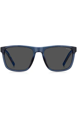 Transparent-blue sunglasses with patterned temples