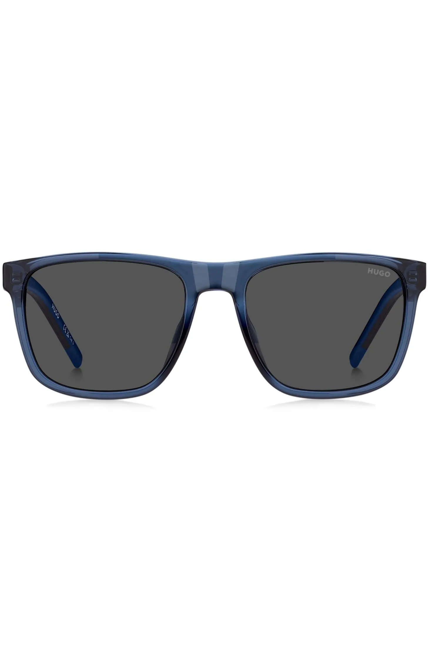 Transparent-blue sunglasses with patterned temples