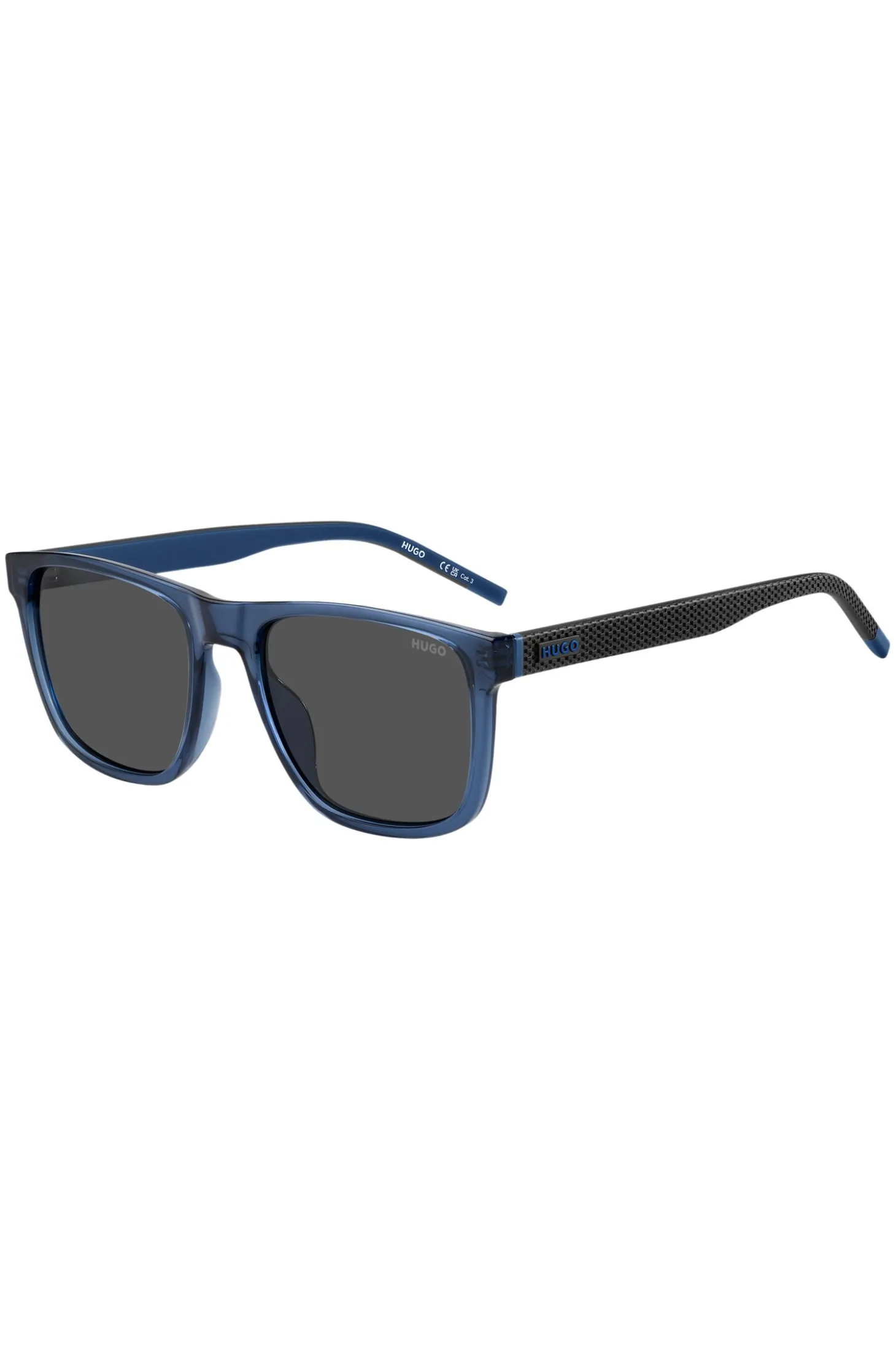 Transparent-blue sunglasses with patterned temples