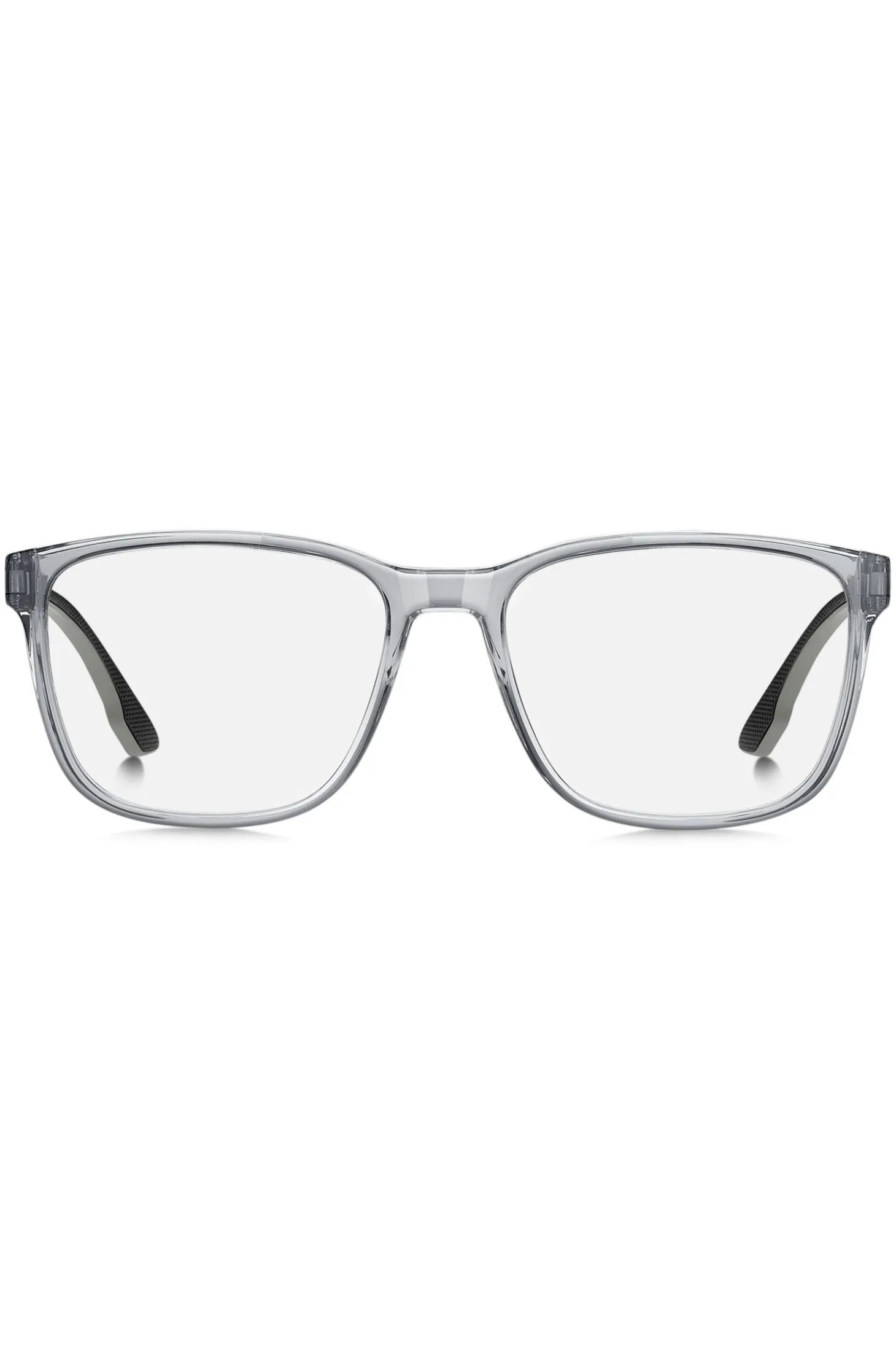 Transparent-grey optical frames with logo plaque