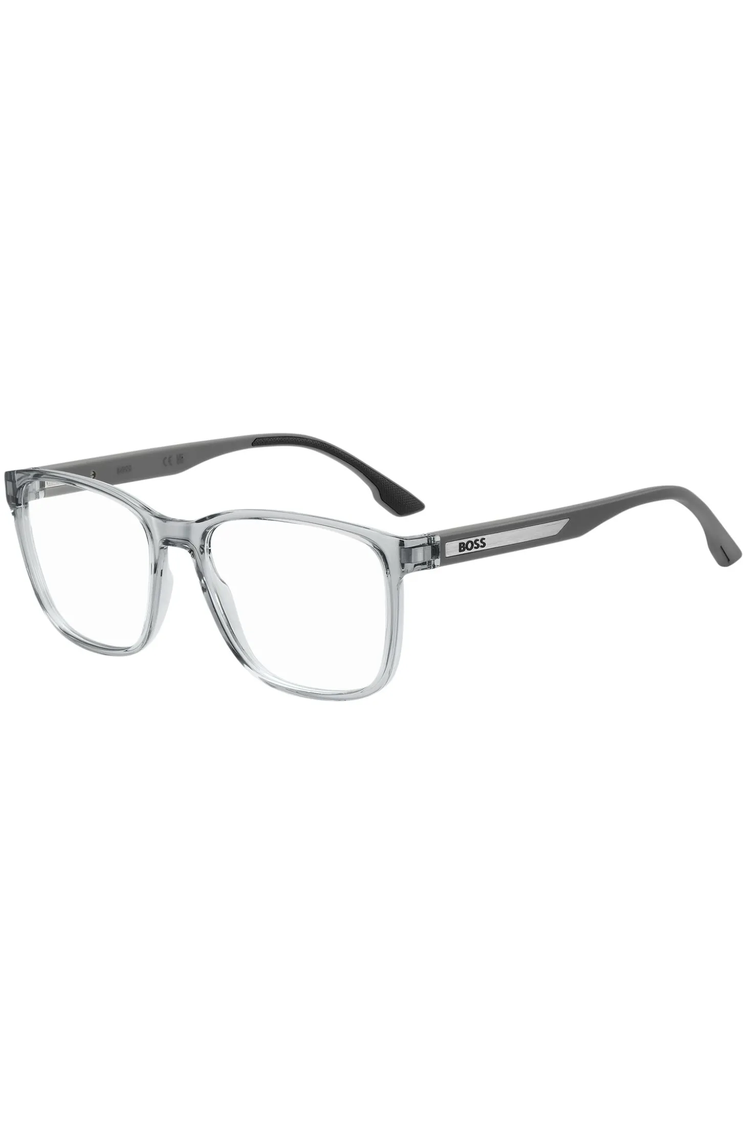Transparent-grey optical frames with logo plaque