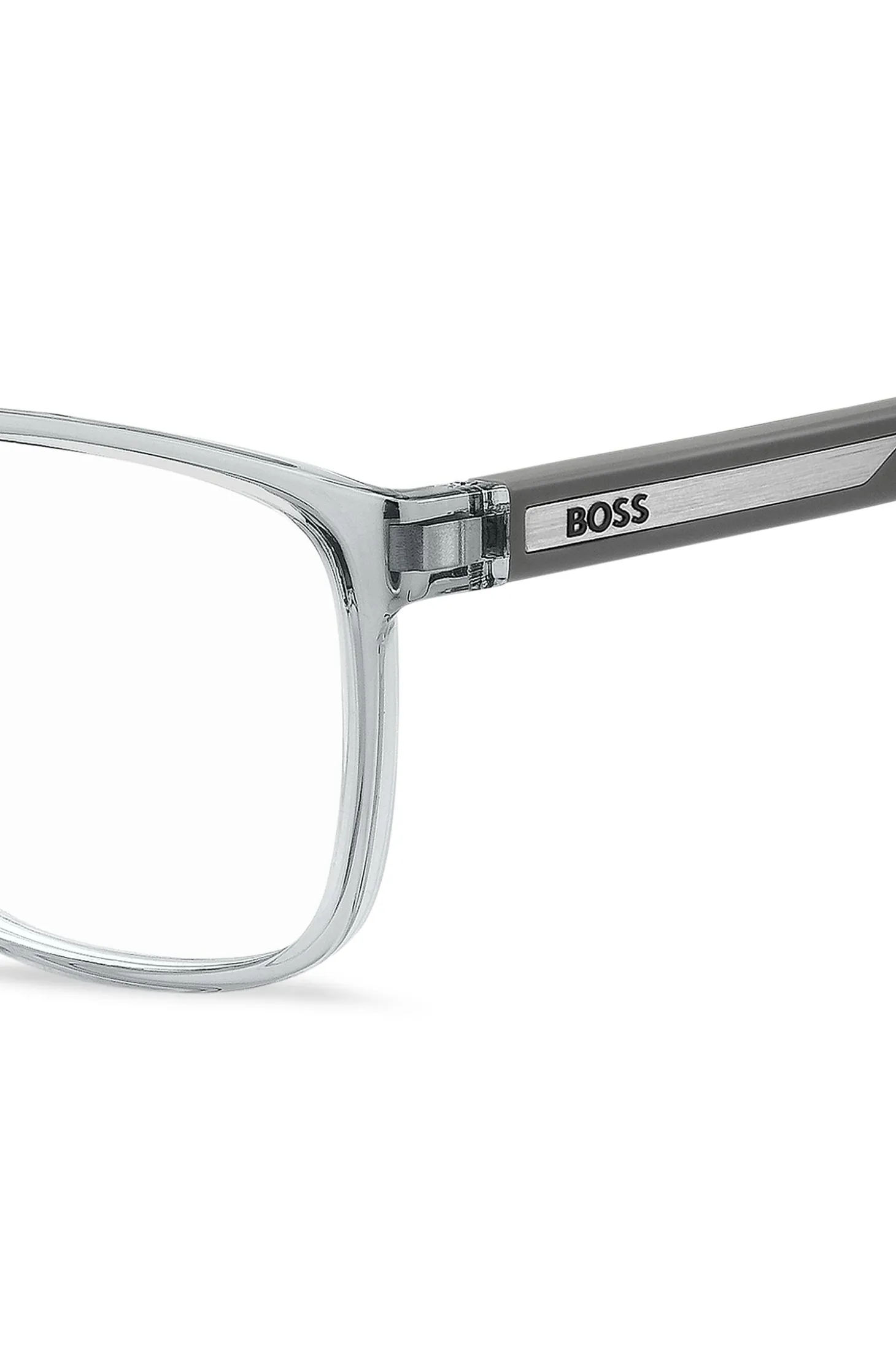 Transparent-grey optical frames with logo plaque