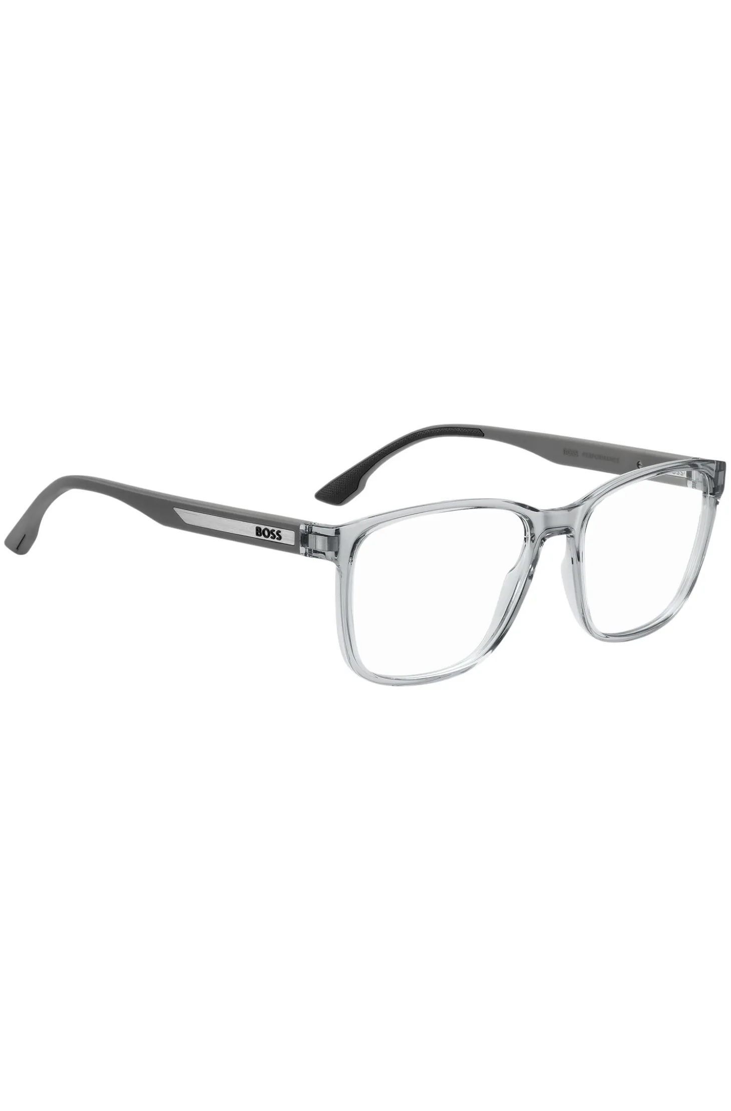 Transparent-grey optical frames with logo plaque