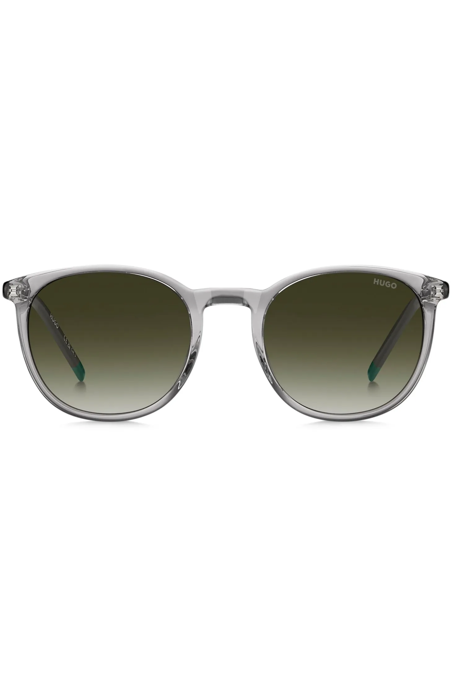 Transparent-grey sunglasses with green logo