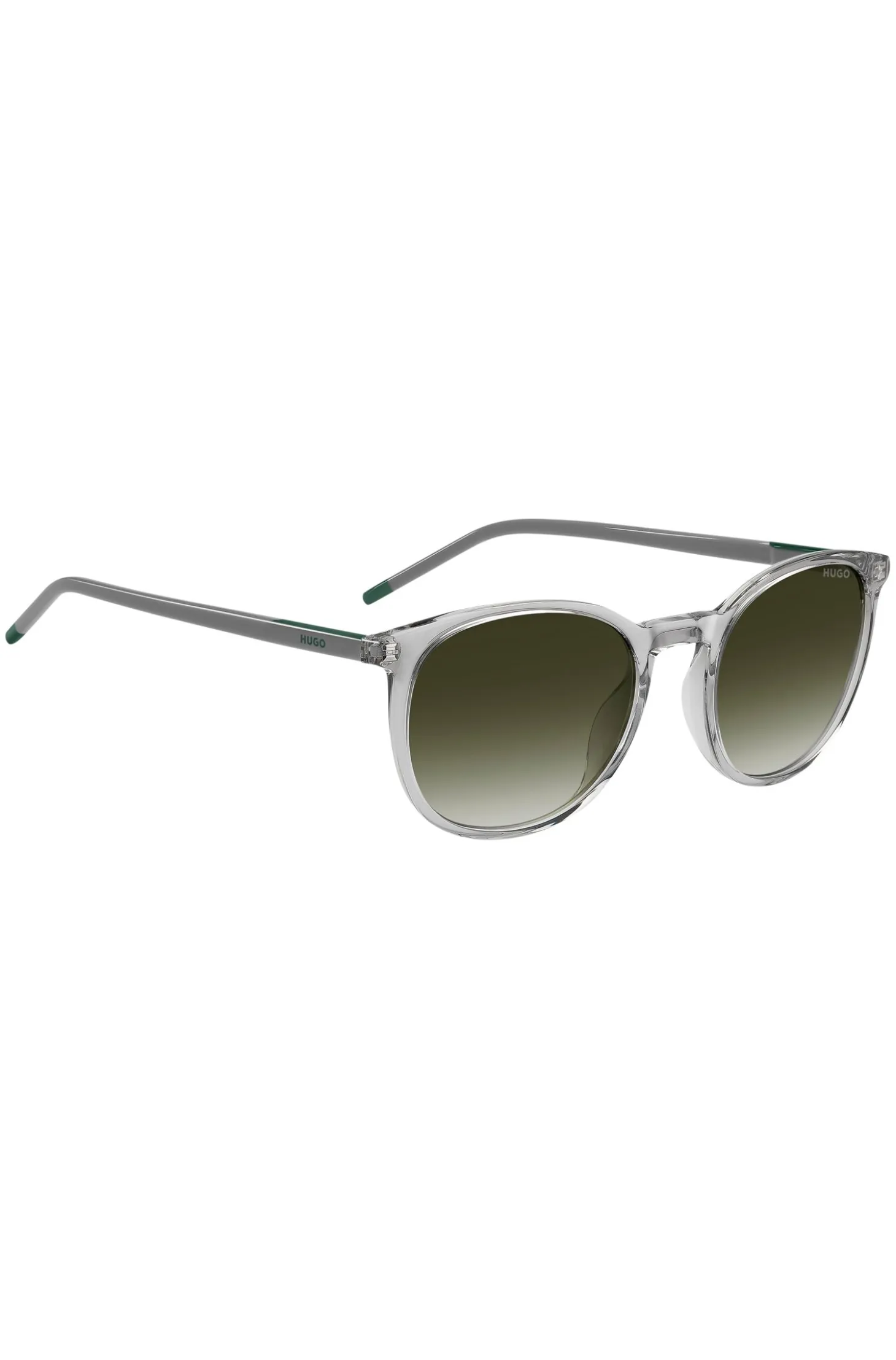 Transparent-grey sunglasses with green logo