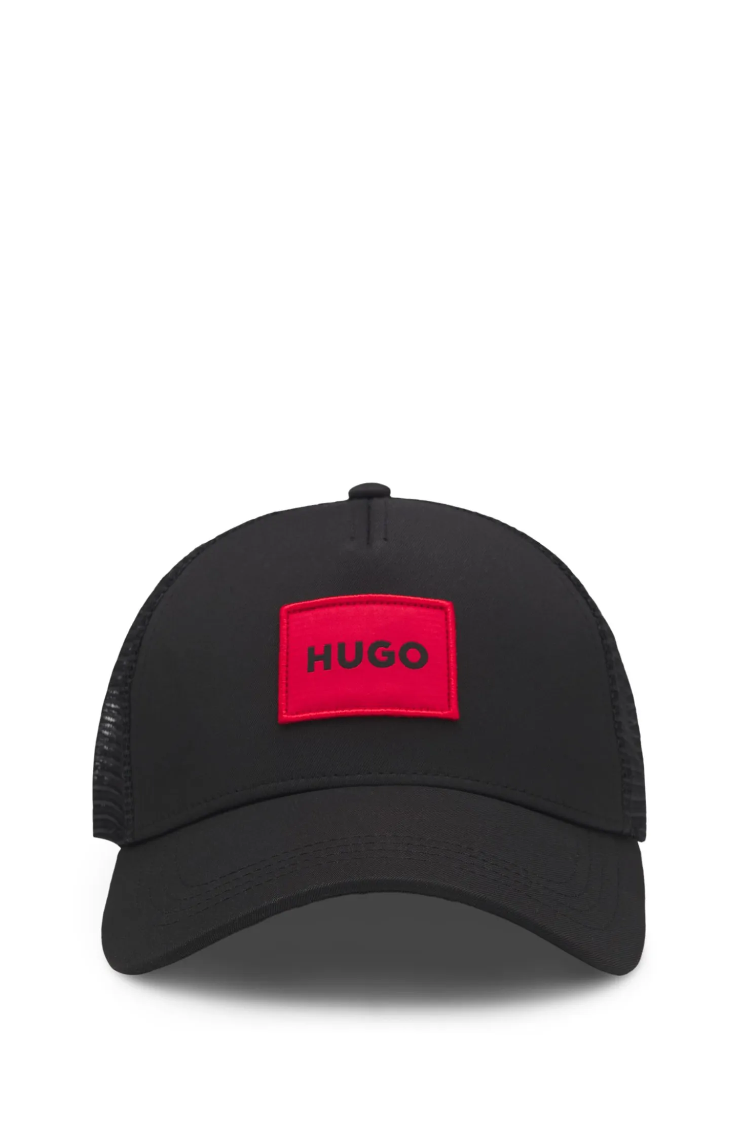 Twill trucker cap with red logo label
