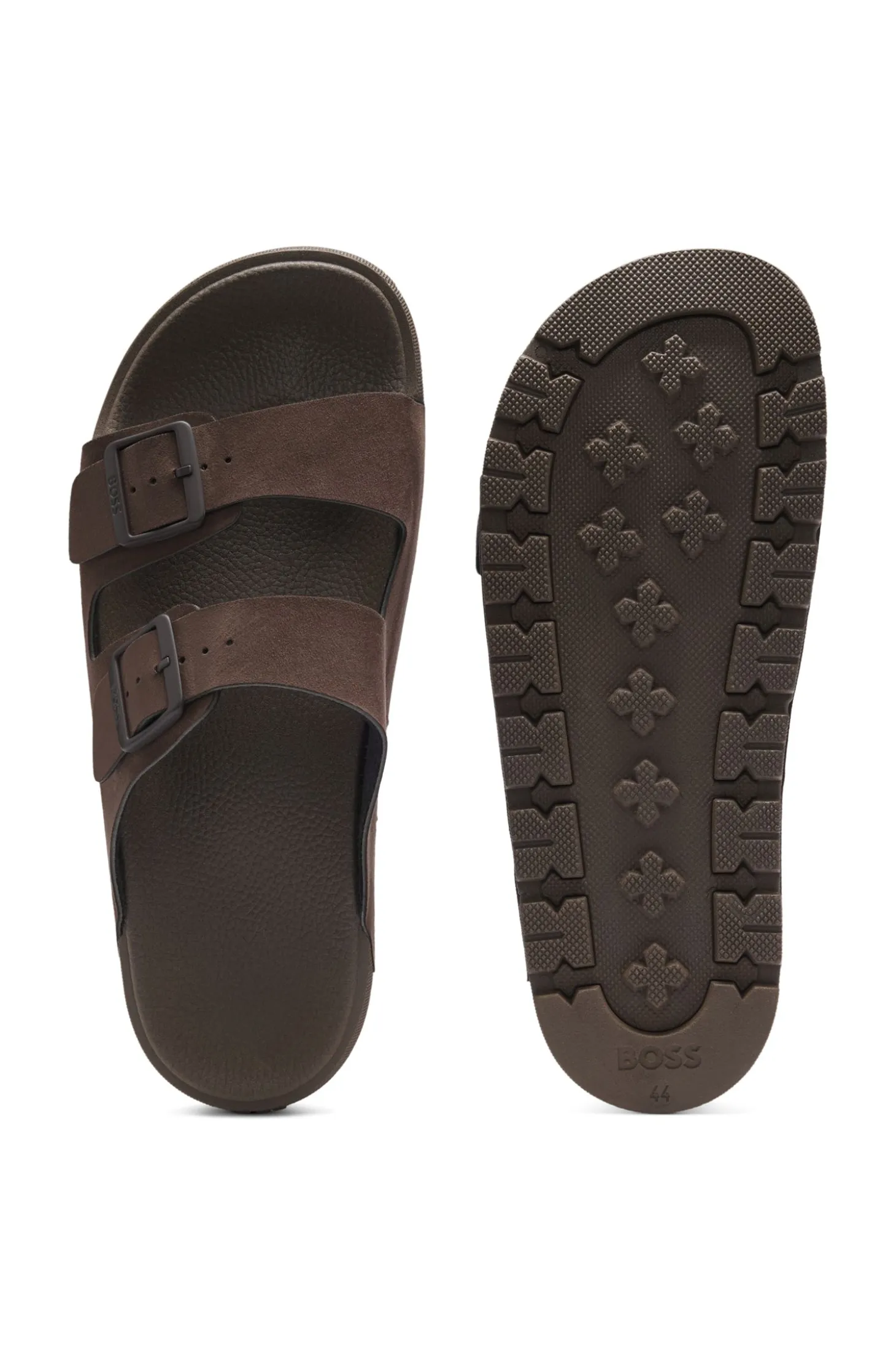 Twin-strap slides with branded buckles